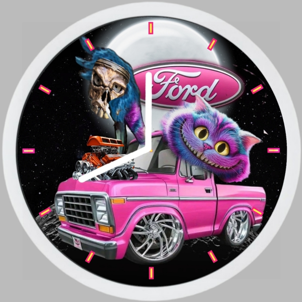 Ford Pink Vintage Truck Wall Clock with Cheshire Cat Crazy Hot Rod Clock